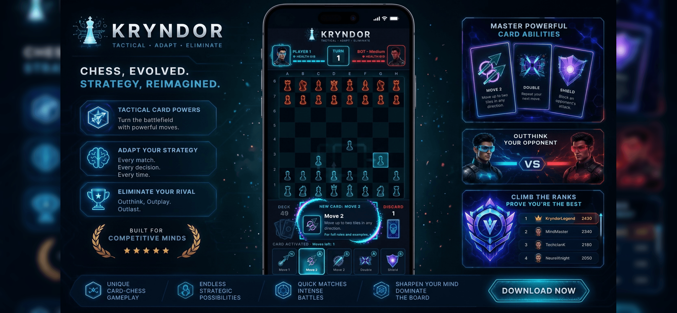 Kryndor promotional banner showing the game logo, tactical card abilities and a phone mockup of the battle screen