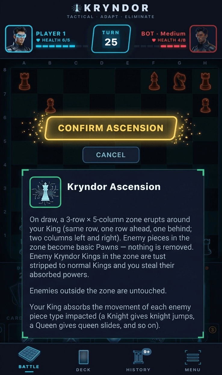Kryndor Ascension legendary card confirming a 3x5 zone that demotes enemy pieces to pawns