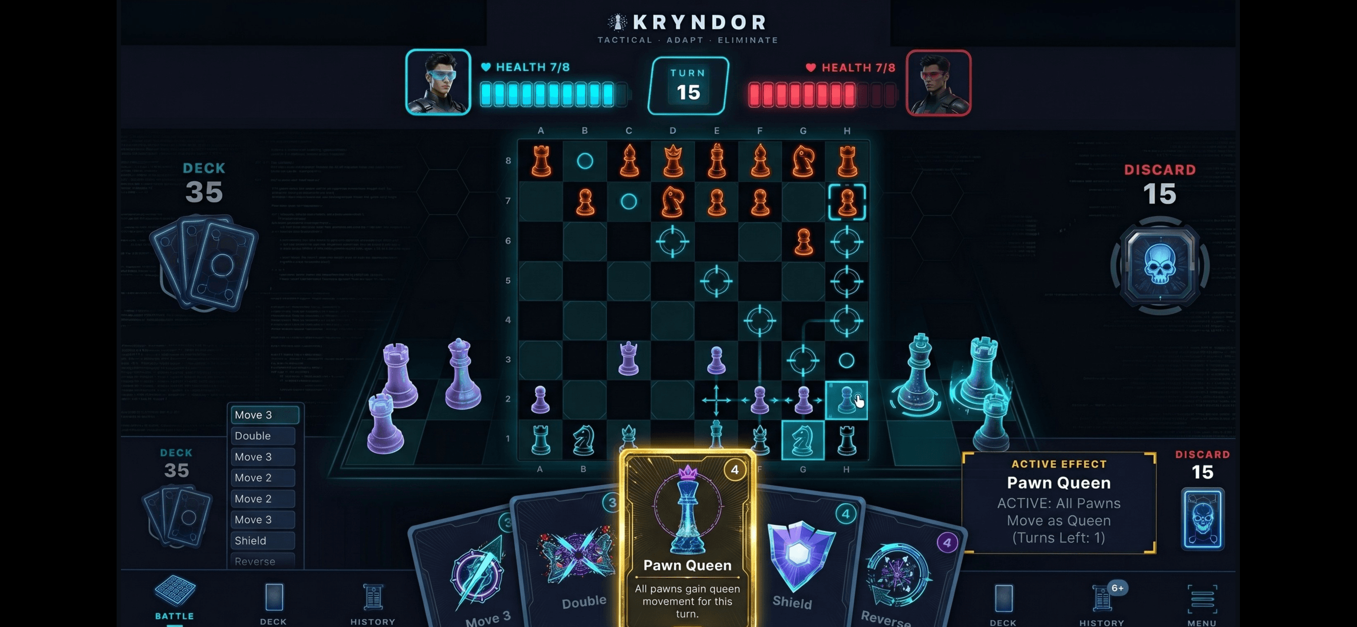 Kryndor battle screen with the Pawn Queen card active, giving every pawn Queen movement for the turn