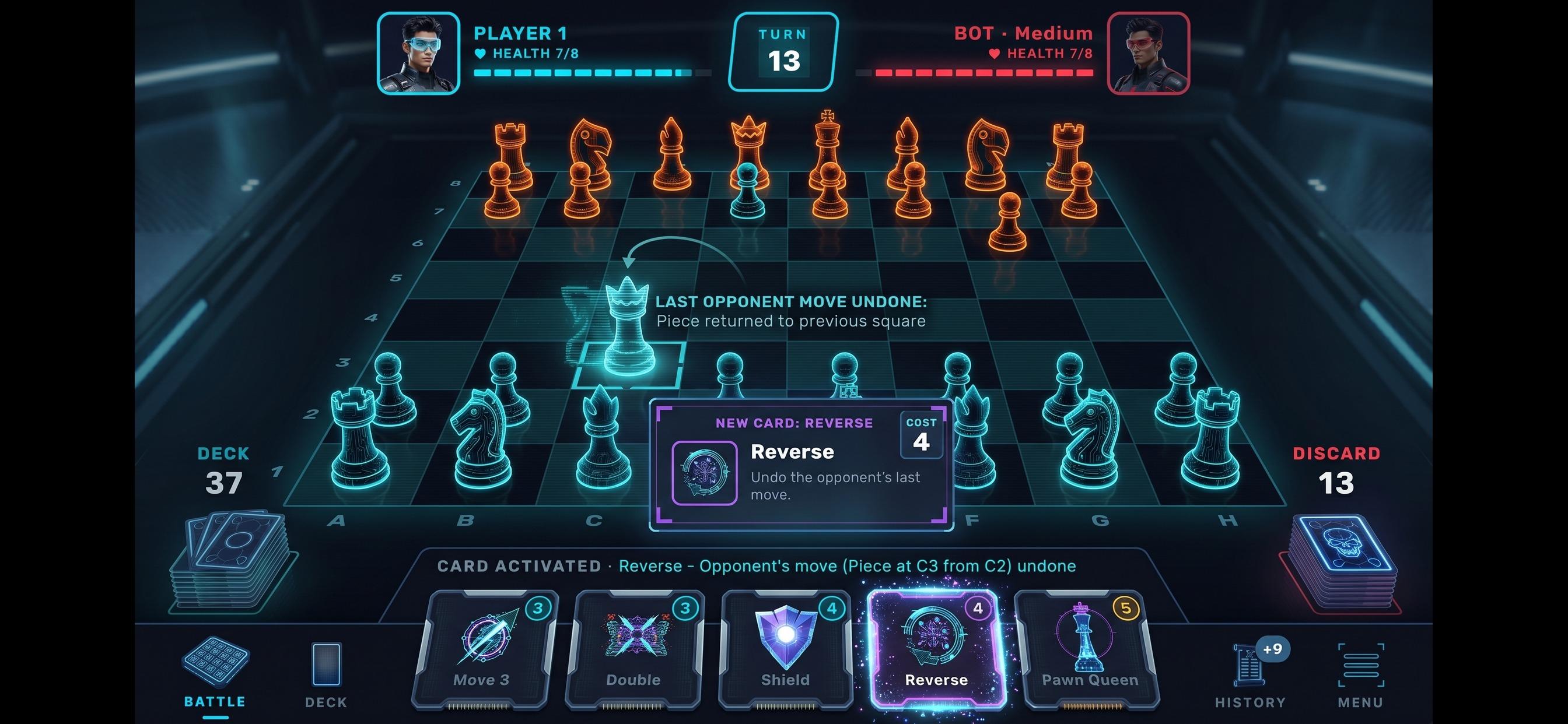 Kryndor battle screen using the Reverse card to undo the opponent's last move