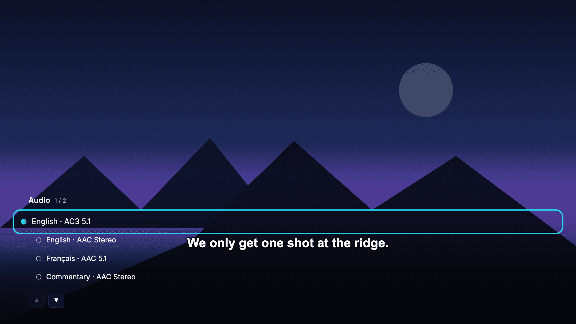 Drive TV player with the audio menu open listing four audio tracks
